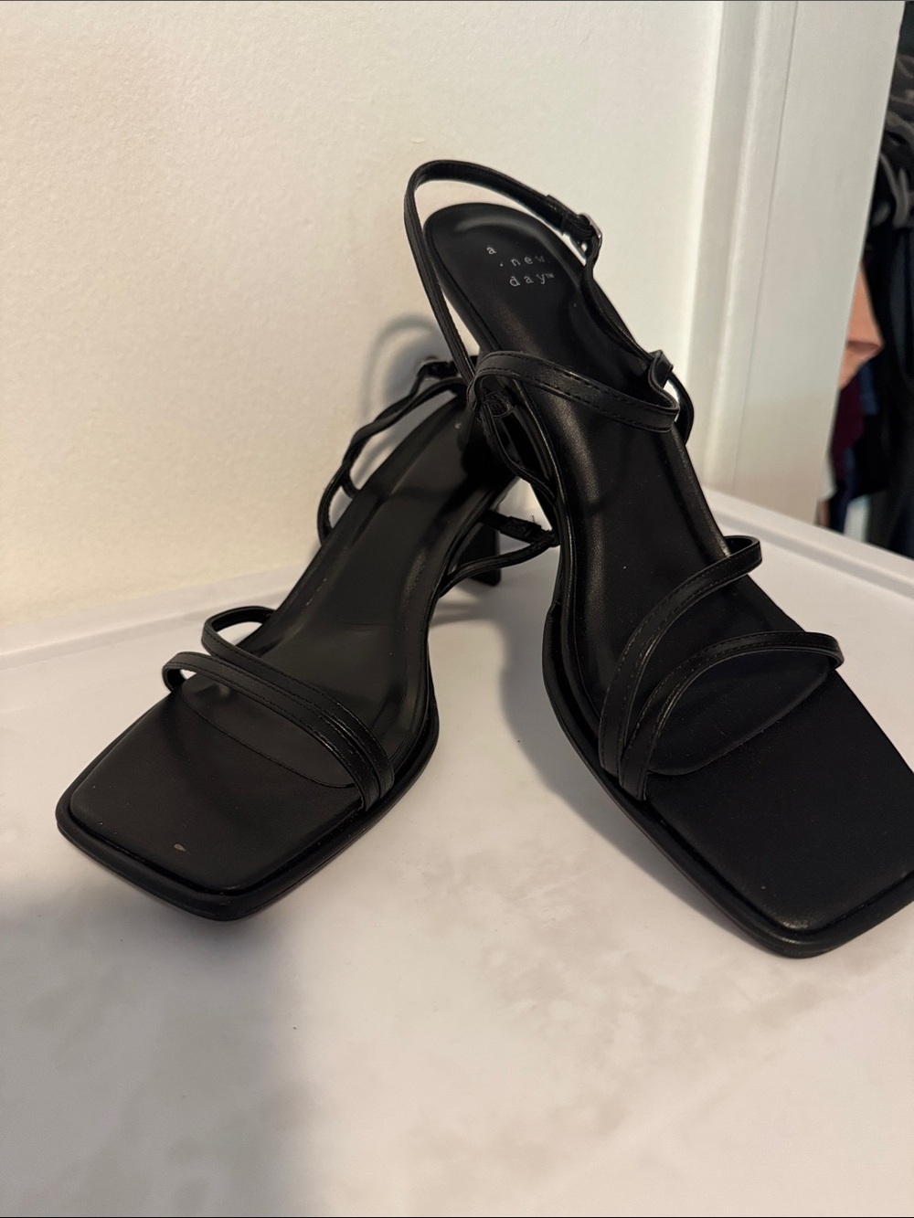 a new day Black Strappy Square-Toe Heeled Sandals